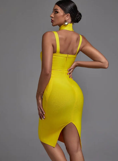Hochwertiges Neues Gelb Bandagen Kleid für Damen